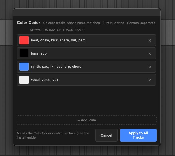 Color Coder window: keyword rules for beats, bass, synths and vocals, each with its own colour, and an Apply to All Tracks button
